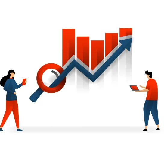 business and promotion of vector illustration. determine and choose SEO to improve traffic statistic. selection of keyword affects traffic. SEO weapons online marketing. SEO logo. flat character style